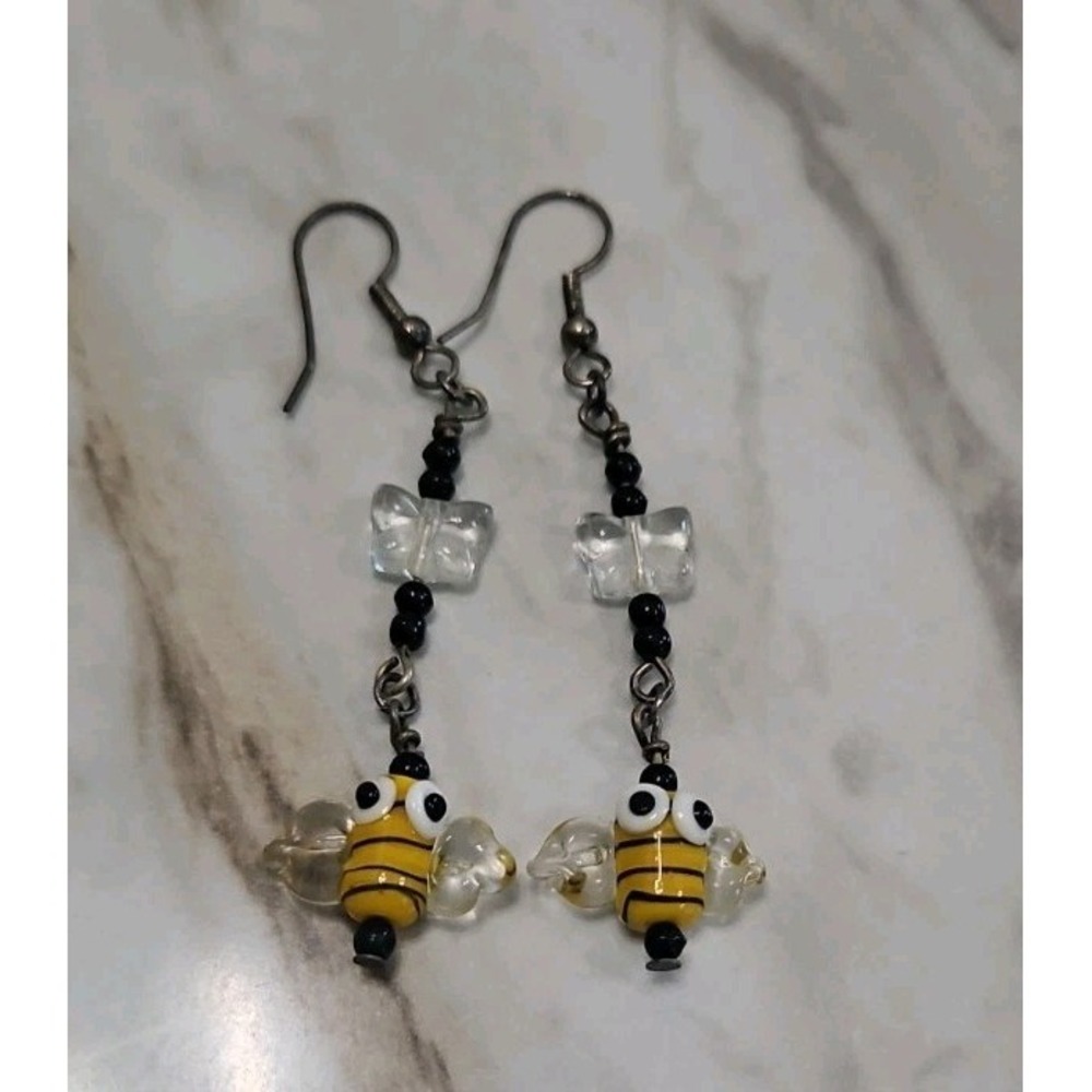Glass Bumble Bee Dangle Earrings Handmade Pierced Butterfly